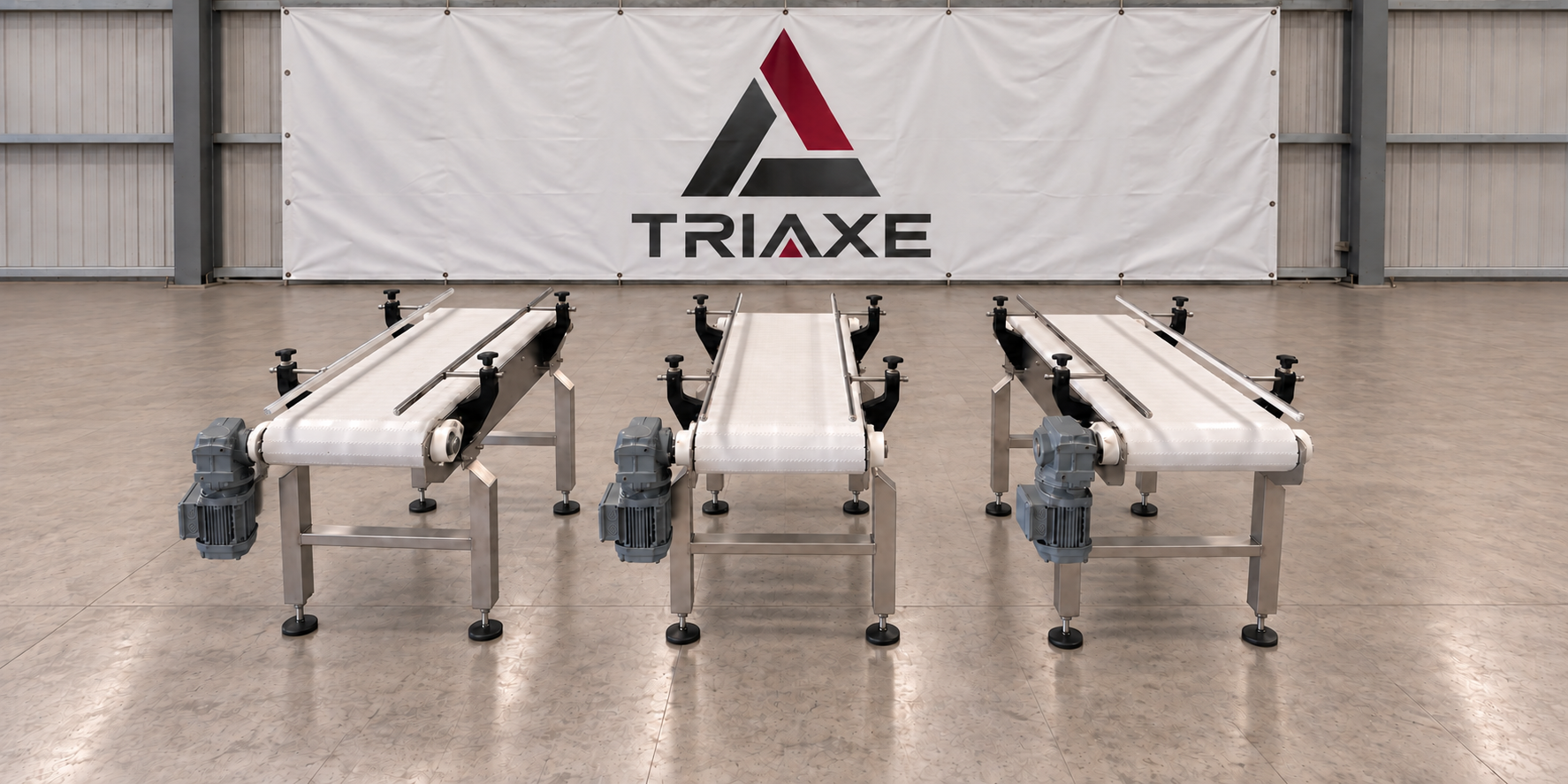 Tres conveyors de banda modular fabricados por TRIAXE